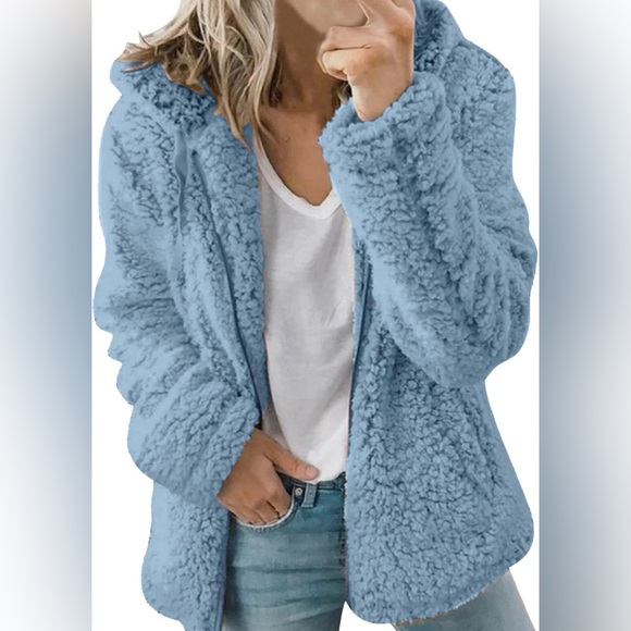 Jackets & Blazers - Cozy Plush Hooded Jacket - Light Blue